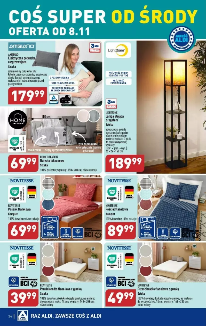 Gazetka promocyjna Aldi - ważna 06.11 do 10.11.2023 - strona 28 - produkty: Lampa, Materac, Narzuta, Piec, Poduszka, Pokrowiec, Pościel, Pościel flanelowa, Prześcieradło, Regał, Sok, Tera, Wełna