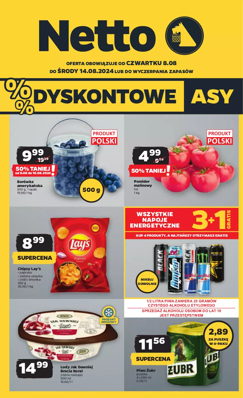 Gazetka promocyjna Netto - Artykuły spożywcze - ważna 08.08 do 14.08.2024 - strona 1 - produkty: Borówka, Borówka amerykańska, Chipsy, Gra, Lay’s, Limonka, Lody, Napoje, Papryka, Piwa, Piwo, Pomidor malinowy