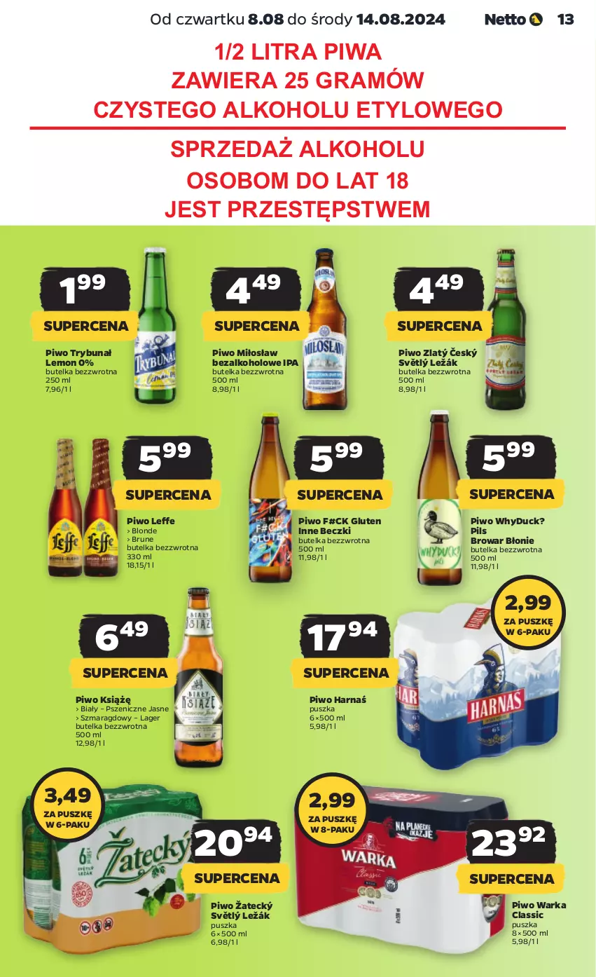 Gazetka promocyjna Netto - Artykuły spożywcze - ważna 08.08 do 14.08.2024 - strona 13 - produkty: Duck, Gra, Harnaś, Piwa, Piwo, Warka