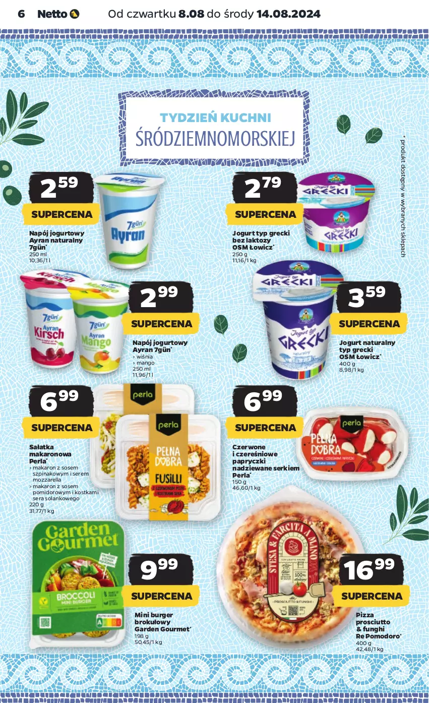 Gazetka promocyjna Netto - Artykuły spożywcze - ważna 08.08 do 14.08.2024 - strona 6 - produkty: Burger, Jogurt, Jogurt naturalny, Makaron, Makaron z sosem, Mango, Mozzarella, Napój, Napój jogurtowy, Papryczki nadziewane, Pizza, Prosciutto, Sałat, Sałatka, Ser, Solan, Sos, Szpinak