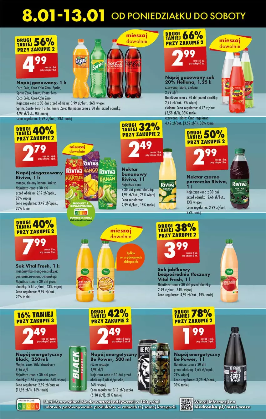 Gazetka promocyjna Biedronka - Od poniedzialku - ważna 08.01 do 13.01.2024 - strona 45 - produkty: Ananas, Coca-Cola, Fa, Fanta, Hellena, Kaktus, Lack, Mango, Napój, Napój energetyczny, Napój gazowany, Nektar, Por, Rama, Sok, Sok jabłkowy, Sprite