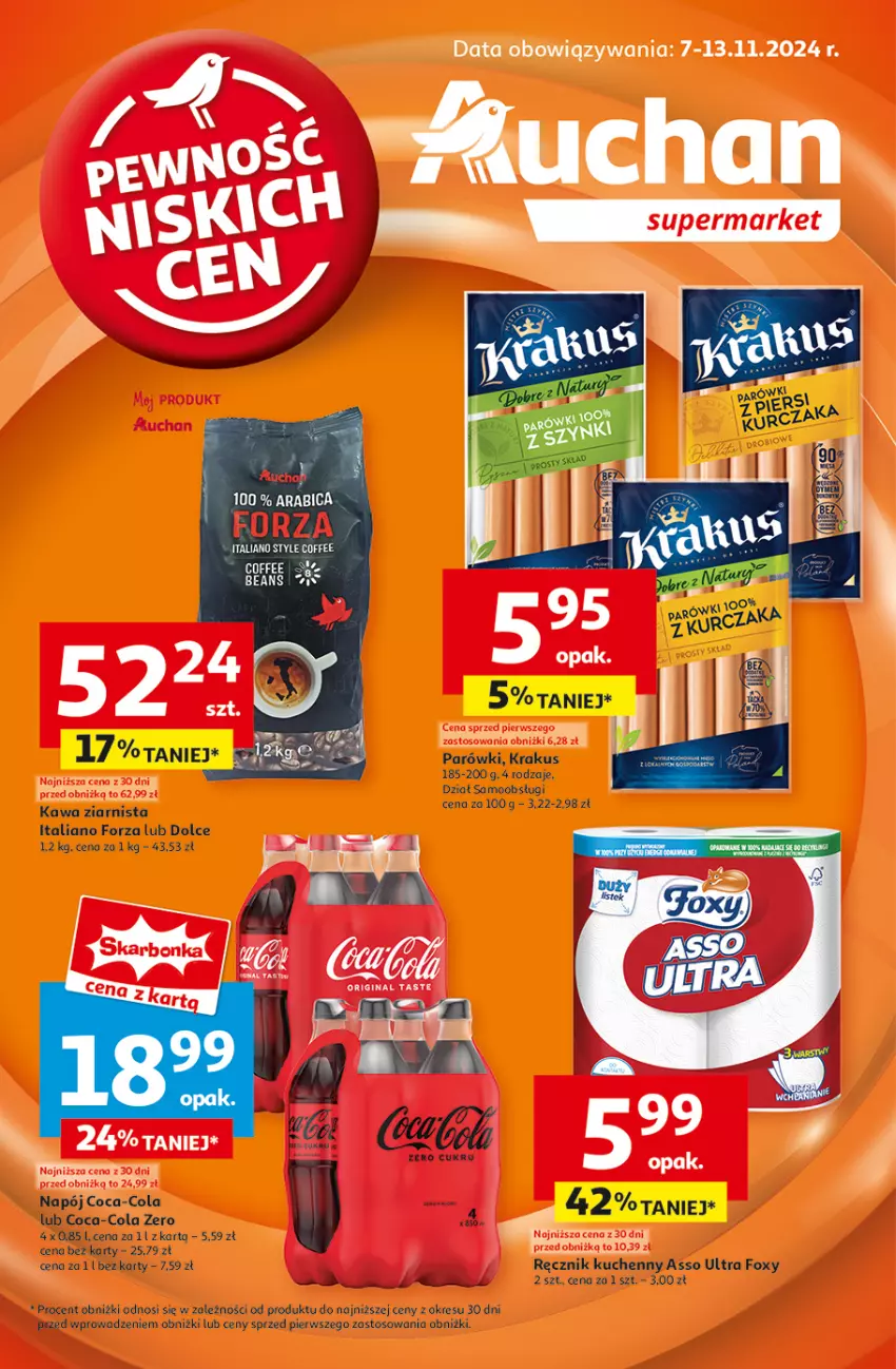 Gazetka promocyjna Auchan - Gazetka Pewność Niskich Cen Supermarket Auchan - ważna 07.11 do 13.11.2024 - strona 1 - produkty: Coca-Cola, Foxy, Kawa, Kawa ziarnista, Napój, Parówki