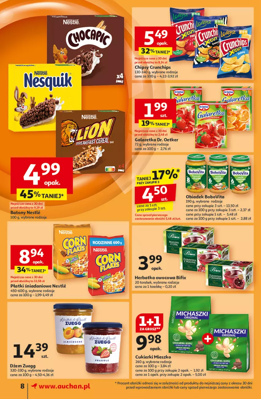 Gazetka promocyjna Auchan - Gazetka Pewność Niskich Cen Supermarket Auchan - ważna 07.11 do 13.11.2024 - strona 10 - produkty: Baton, BIC, BoboVita, Chipsy, Crunchips, Cukier, Cukierki, Danio, Dr. Oetker, Gala, Galaretka, Gin, Wafle