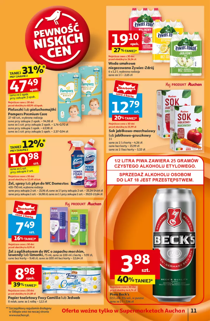 Gazetka promocyjna Auchan - Gazetka Pewność Niskich Cen Supermarket Auchan - ważna 07.11 do 13.11.2024 - strona 13 - produkty: Domestos, Foxy, Majtki, Pampers, Papier, Papier toaletowy, Pieluchomajtki, Piwo, Płyn do wc, Sok, Woda