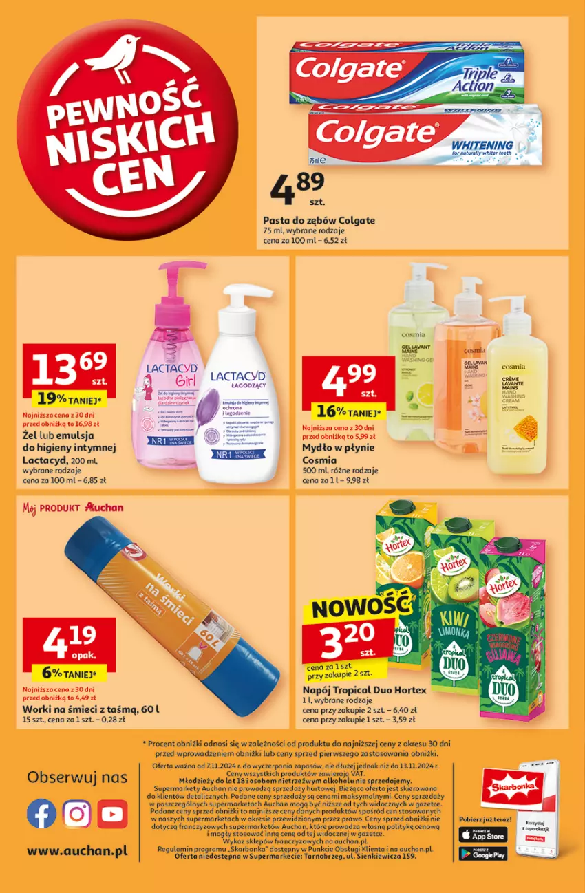 Gazetka promocyjna Auchan - Gazetka Pewność Niskich Cen Supermarket Auchan - ważna 07.11 do 13.11.2024 - strona 14 - produkty: Colgate, Emulsja, Gra, Hortex, Lactacyd, LEGO, LG, Mydło, Mydło w płynie, Napój, Pasta do zębów, Tera, Tropical, Worki na śmiec, Worki na śmieci