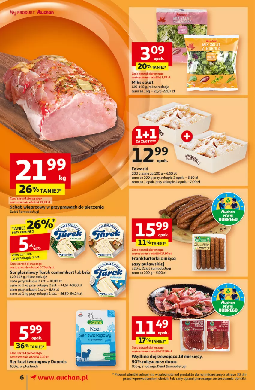 Gazetka promocyjna Auchan - Gazetka Pewność Niskich Cen Supermarket Auchan - ważna 07.11 do 13.11.2024 - strona 8 - produkty: Brie, Camembert, Fa, Faworki, Frankfurterki, Piec, Sałat, Schab wieprzowy, Ser, Ser kozi, Ser pleśniowy, Wędlina