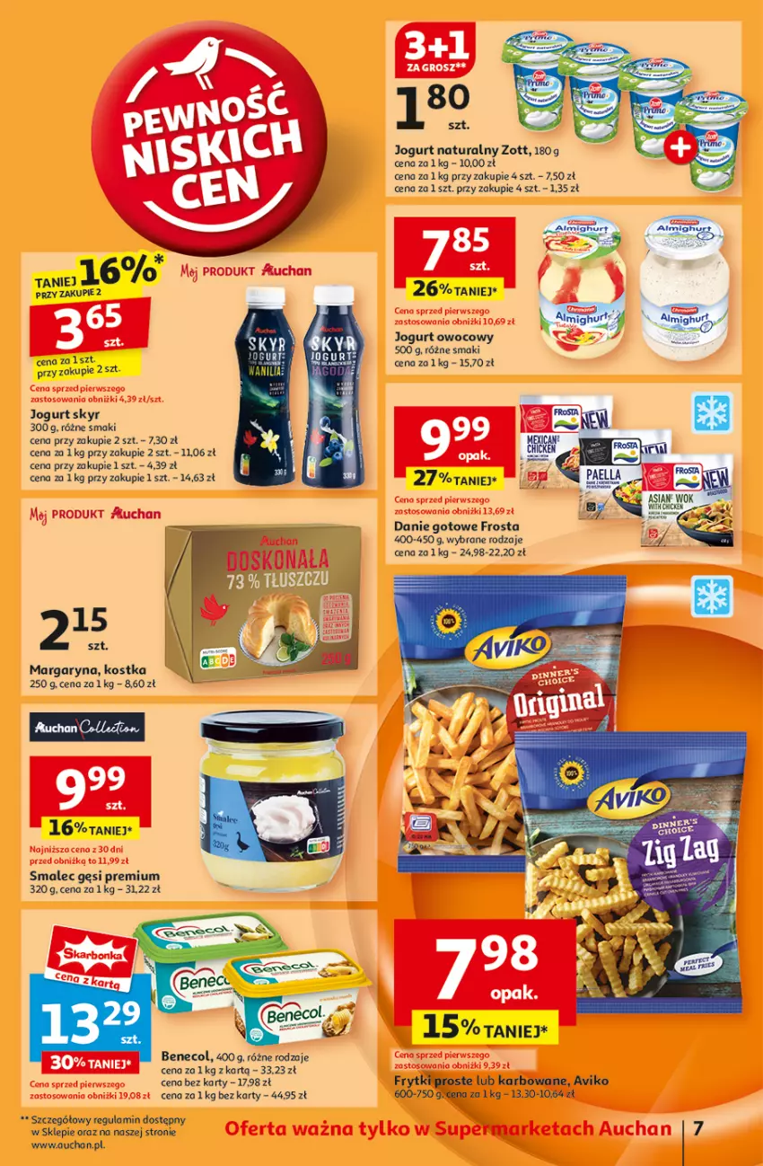 Gazetka promocyjna Auchan - Gazetka Pewność Niskich Cen Supermarket Auchan - ważna 07.11 do 13.11.2024 - strona 9 - produkty: Benecol, Danie gotowe, Frosta, Frytki, Jogurt, Jogurt naturalny, Jogurt owocowy, Margaryna, Smalec, Zott