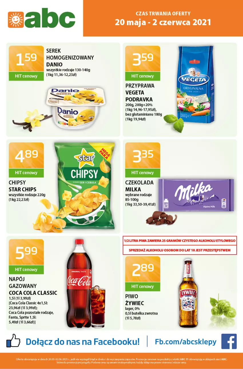 Gazetka promocyjna ABC - Gazetka - ważna 20.05 do 03.06.2021 - strona 1 - produkty: Chipsy, Czekolada, Danio, Fa, Fanta, Milka, Napój, Napój gazowany, O nas, Piwo, Podravka, Ser, Serek, Serek homogenizowany, Vegeta