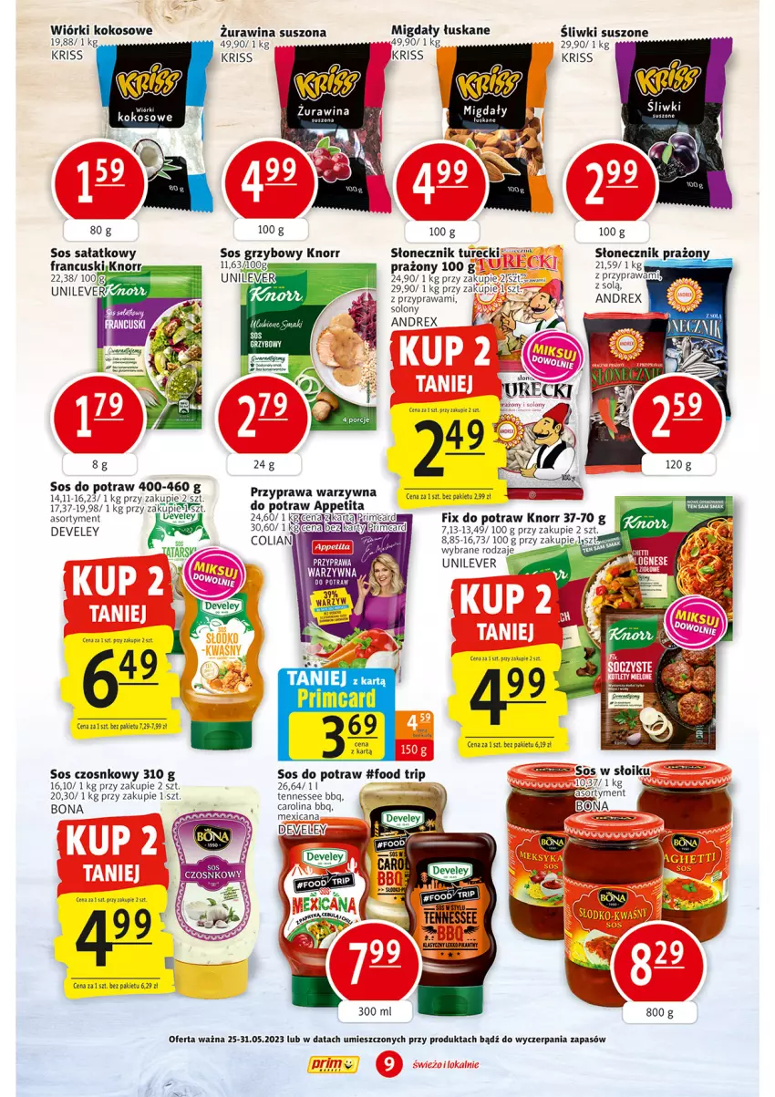 Gazetka promocyjna Prim Market - ważna 25.05 do 31.05.2023 - strona 9 - produkty: Knorr, Kokos, Migdały, Migdały łuskane, Por, Sałat, Słonecznik prażony, Słonecznik turecki, Sos, Sos czosnkowy, Sos grzybowy, Wiórki kokosowe