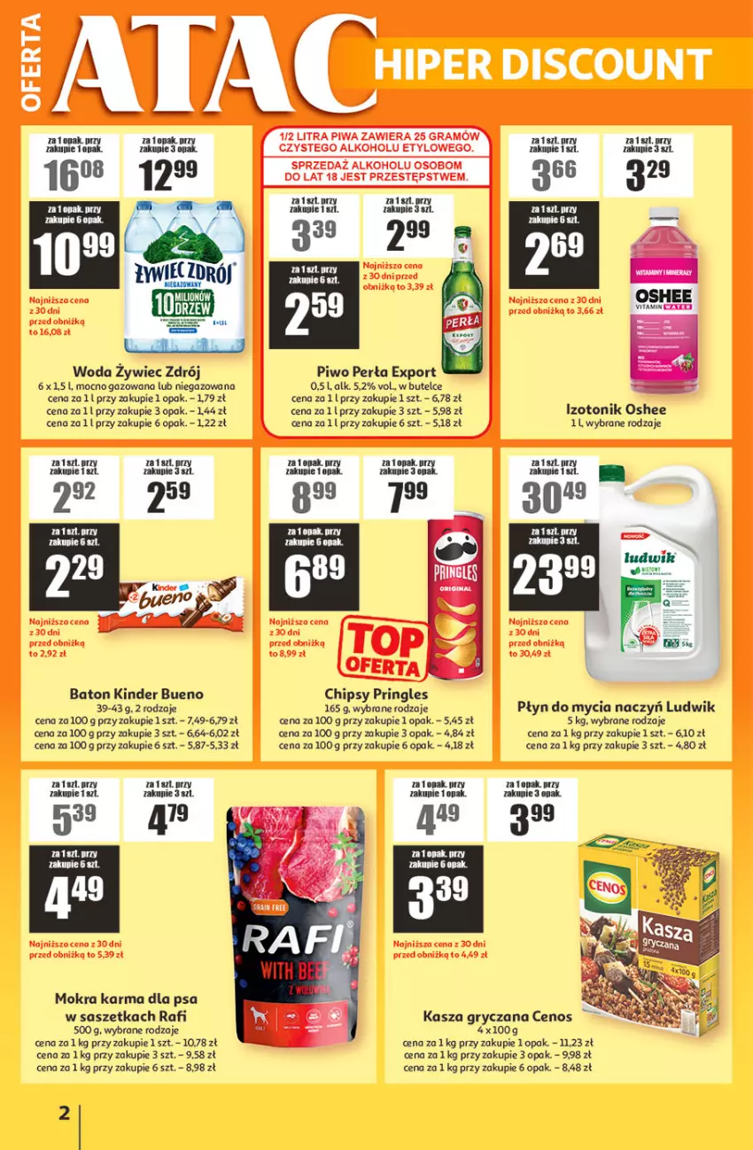 Gazetka promocyjna Auchan - Gazetka ATAC Hiper Discount - ważna 21.05 do 10.06.2026 - strona 2 - produkty: Baton, Cenos, Chipsy, Do mycia naczyń, Fa, Gry, Kasza, Kasza gryczana, Kinder, Kinder Bueno, Ludwik, Mokra karma, Oshee, Perła, Piwo, Płyn do mycia, Płyn do mycia naczyń, Por, Pringles, Tonik, Woda