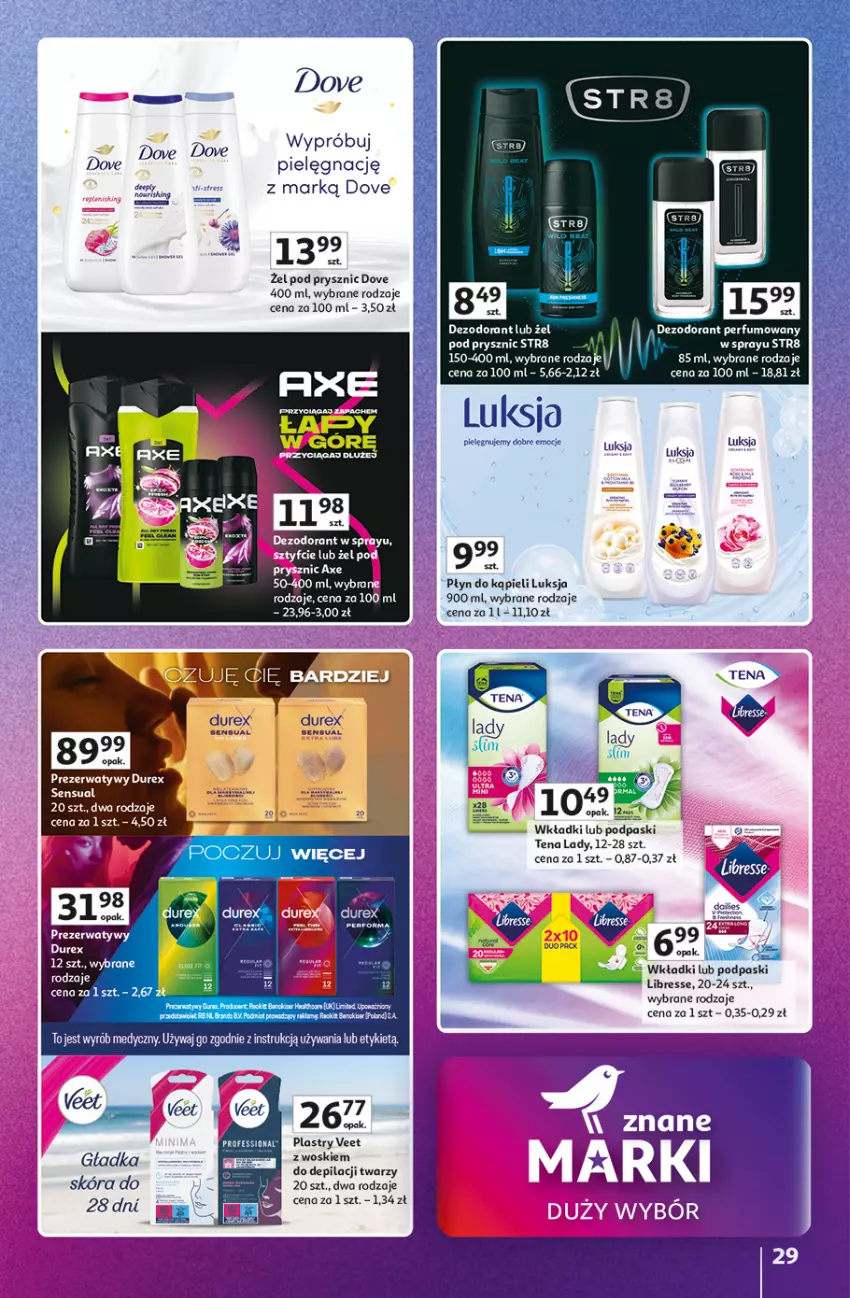 Gazetka promocyjna Auchan - Gazetka Znane marki duży wybór Hipermarket Auchan - ważna 16.10 do 22.10.2025 - strona 29 - produkty: BIC, Dezodorant, Dove, Durex, Fa, Luksja, Perfum, Płyn do kąpieli, Podpaski, Sensual, Str8, Veet, Wkładki