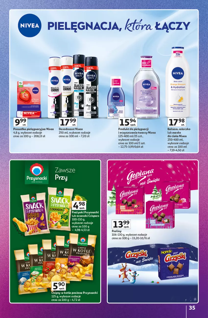 Gazetka promocyjna Auchan - Gazetka Znane marki duży wybór Hipermarket Auchan - ważna 16.10 do 22.10.2025 - strona 35 - produkty: Body, Chipsy, Dezodorant, Masło, Masło do ciała, Mleczko, Nivea, Orzeszki, Praliny, Przysnacki