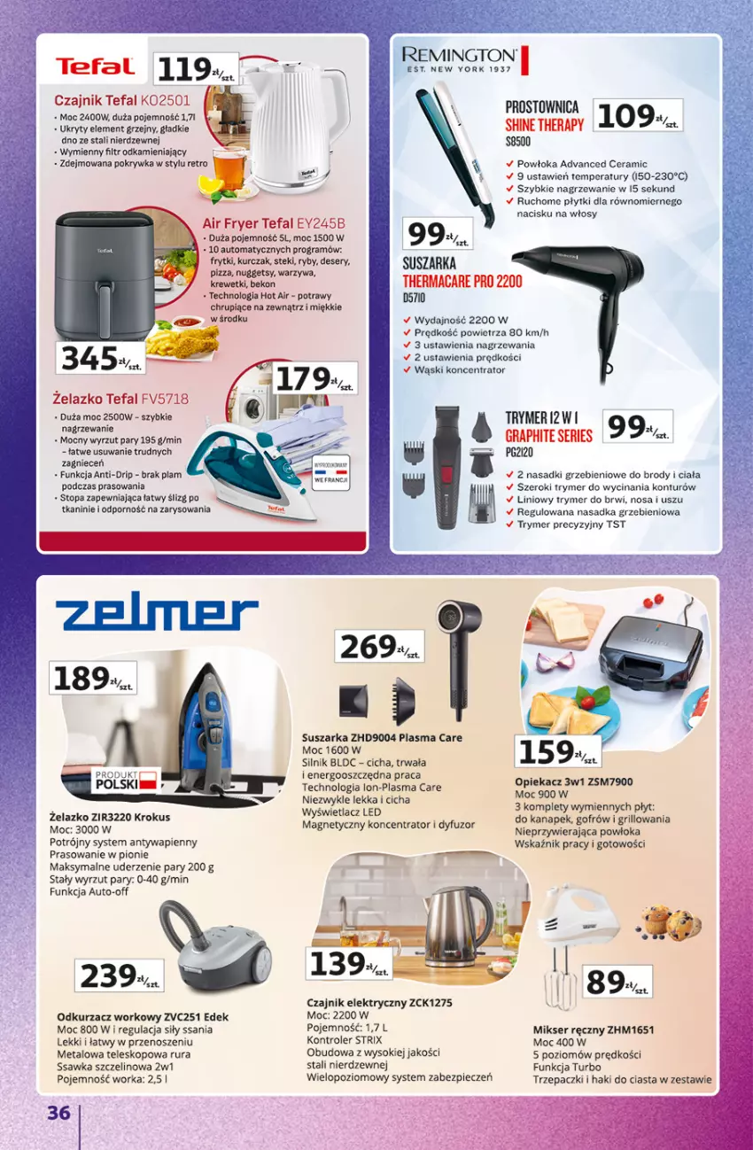 Gazetka promocyjna Auchan - Gazetka Znane marki duży wybór Hipermarket Auchan - ważna 16.10 do 22.10.2025 - strona 36 - produkty: 5 Sekund, Beko, Czajnik, Czajnik elektryczny, Deser, Fa, Frytki, Gra, Grill, HP, Koc, Kontroler, Krewetki, Krokus, Kurczak, Mikser, Mikser ręczny, Odkurzacz, Orka, Piec, Pizza, Por, Remington, Rura, Ser, Sok, Stek, Suszarka, Tefal, Teleskop, Top, Warzywa