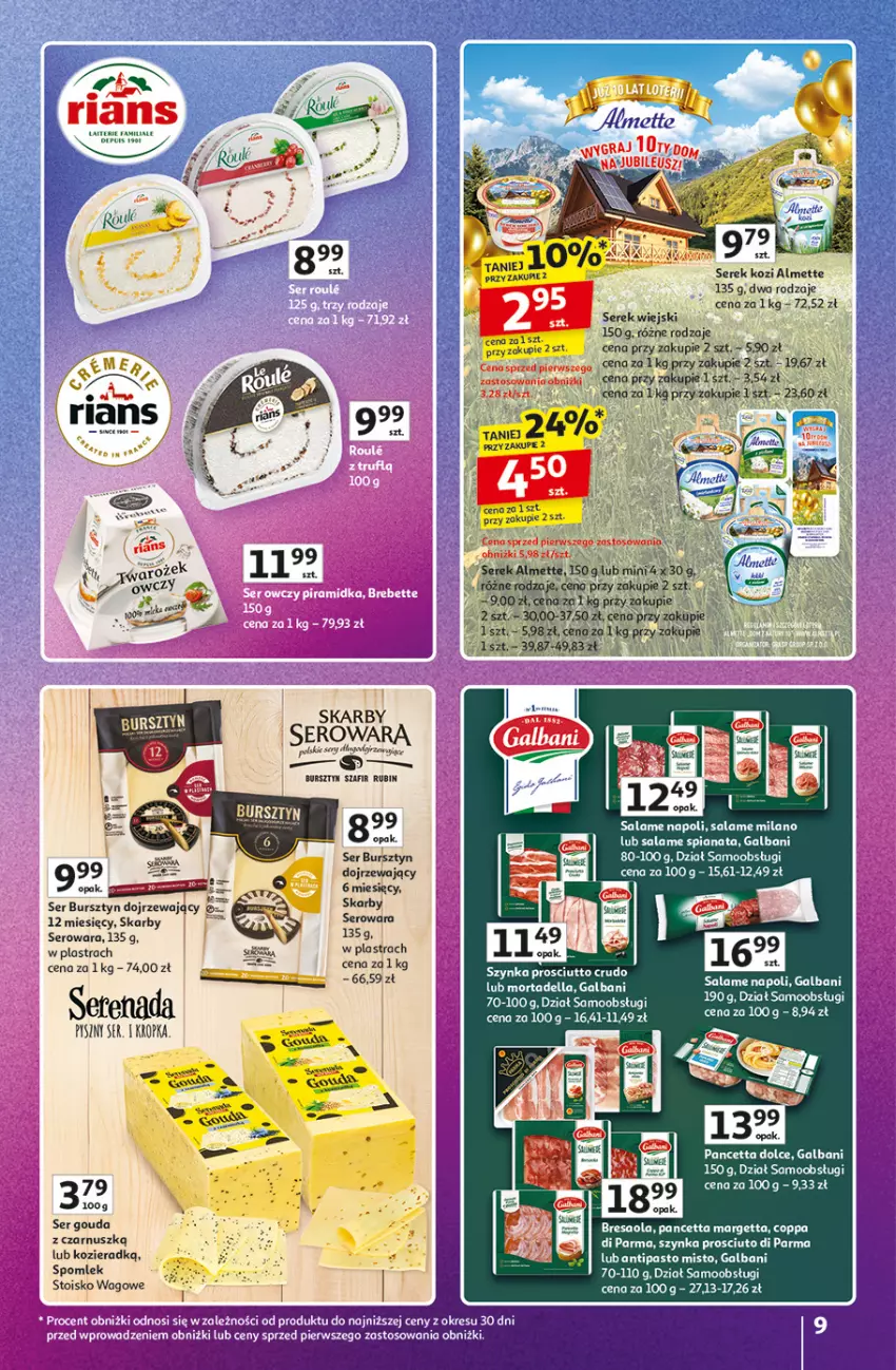 Gazetka promocyjna Auchan - Gazetka Znane marki duży wybór Hipermarket Auchan - ważna 16.10 do 22.10.2025 - strona 9 - produkty: Almette, Bresaola, Bursztyn, Galbani, Gosh, Gouda, Prosciutto, Rubin, Ser, Serek, Serek wiejski, Szynka