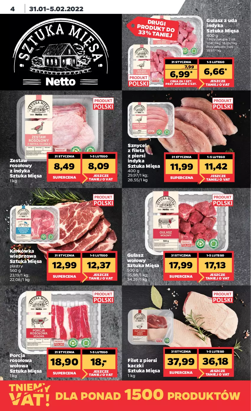 Gazetka promocyjna Netto - Gazetka spożywcza - ważna 31.01 do 05.02.2022 - strona 4 - produkty: Filet z piersi kaczki, Gulasz wołowy, Karkówka wieprzowa, Por