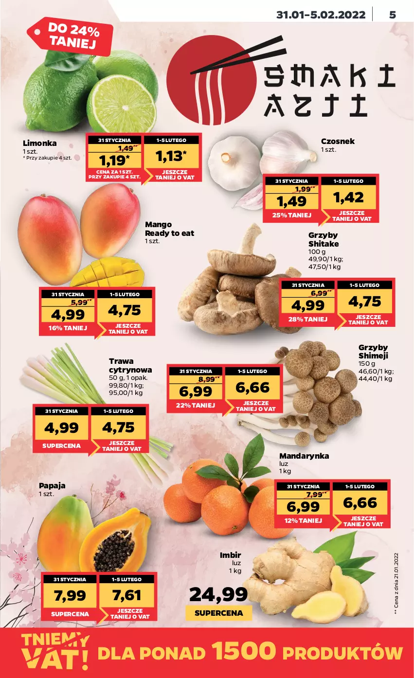 Gazetka promocyjna Netto - Gazetka spożywcza - ważna 31.01 do 05.02.2022 - strona 5 - produkty: Czosnek, Grzyby, Imbir, Limonka, Mango, Papaja