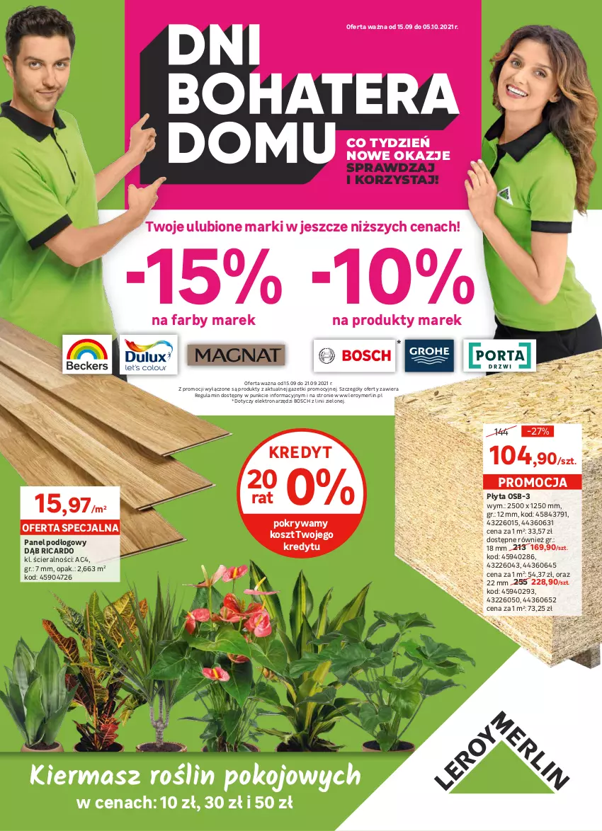 Gazetka promocyjna Leroy Merlin - Dni bohatera domu - ważna 15.09 do 05.10.2021 - strona 1 - produkty: Bosch, Fa, Kosz, Panel podłogowy, Płyta, Płyta osb, Pokrywa