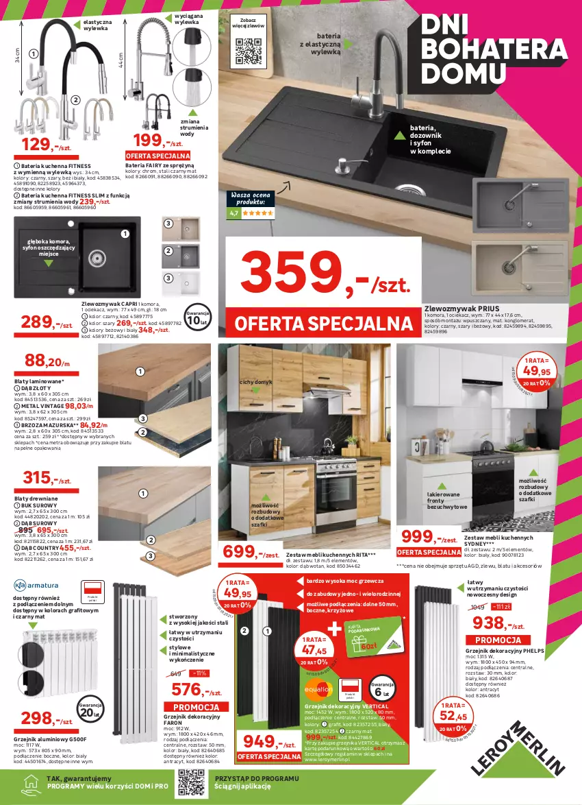 Gazetka promocyjna Leroy Merlin - Dni bohatera domu - ważna 15.09 do 05.10.2021 - strona 5 - produkty: Bateria, Bateria kuchenna, Dozownik, Fa, Fairy, Glazura, Gra, Gres, Gres szkliwiony, Grzejnik, Lakier, Lazur, Mus, Ociekacz, Płytka, Por, Rum, Sok, Sport, Syfon, Top, Tran, Zestaw mebli kuchennych, Zlew, Zlewozmywak