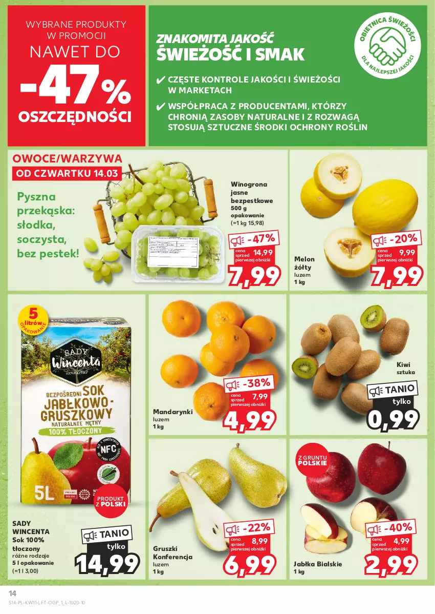 Gazetka promocyjna Kaufland - Gazetka tygodnia - ważna 14.03 do 20.03.2024 - strona 14 - produkty: Grunt, Gruszki, Jabłka, Kiwi, Mandarynki, Melon, Owoce, Sok, Stek, Warzywa, Wino, Winogrona