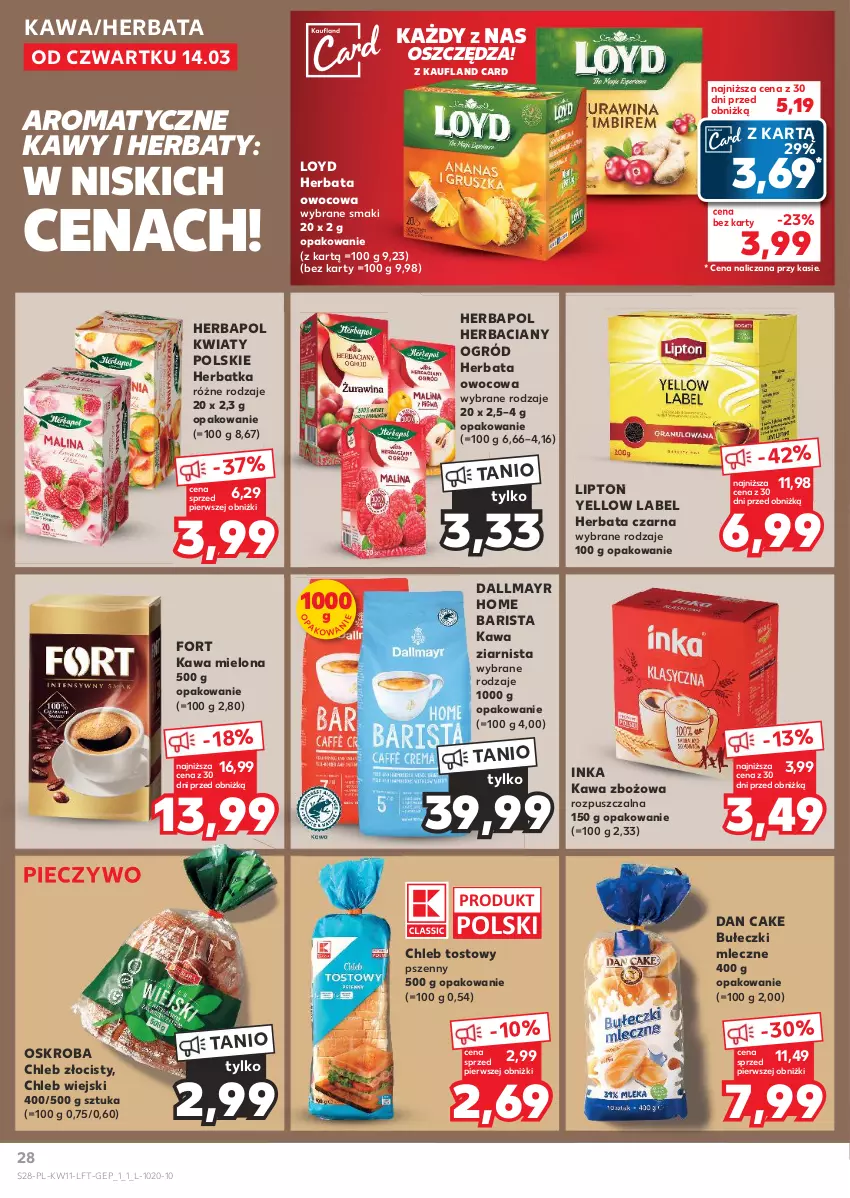 Gazetka promocyjna Kaufland - Gazetka tygodnia - ważna 14.03 do 20.03.2024 - strona 28 - produkty: Bułeczki, Bułeczki mleczne, Chleb, Chleb tostowy, Dallmayr, Dan Cake, Herbapol, Herbata, Herbata czarna, Herbata owocowa, Inka, Kawa, Kawa mielona, Kawa zbożowa, Kawa ziarnista, Lipton, Loyd, Ogród, Piec, Pieczywo