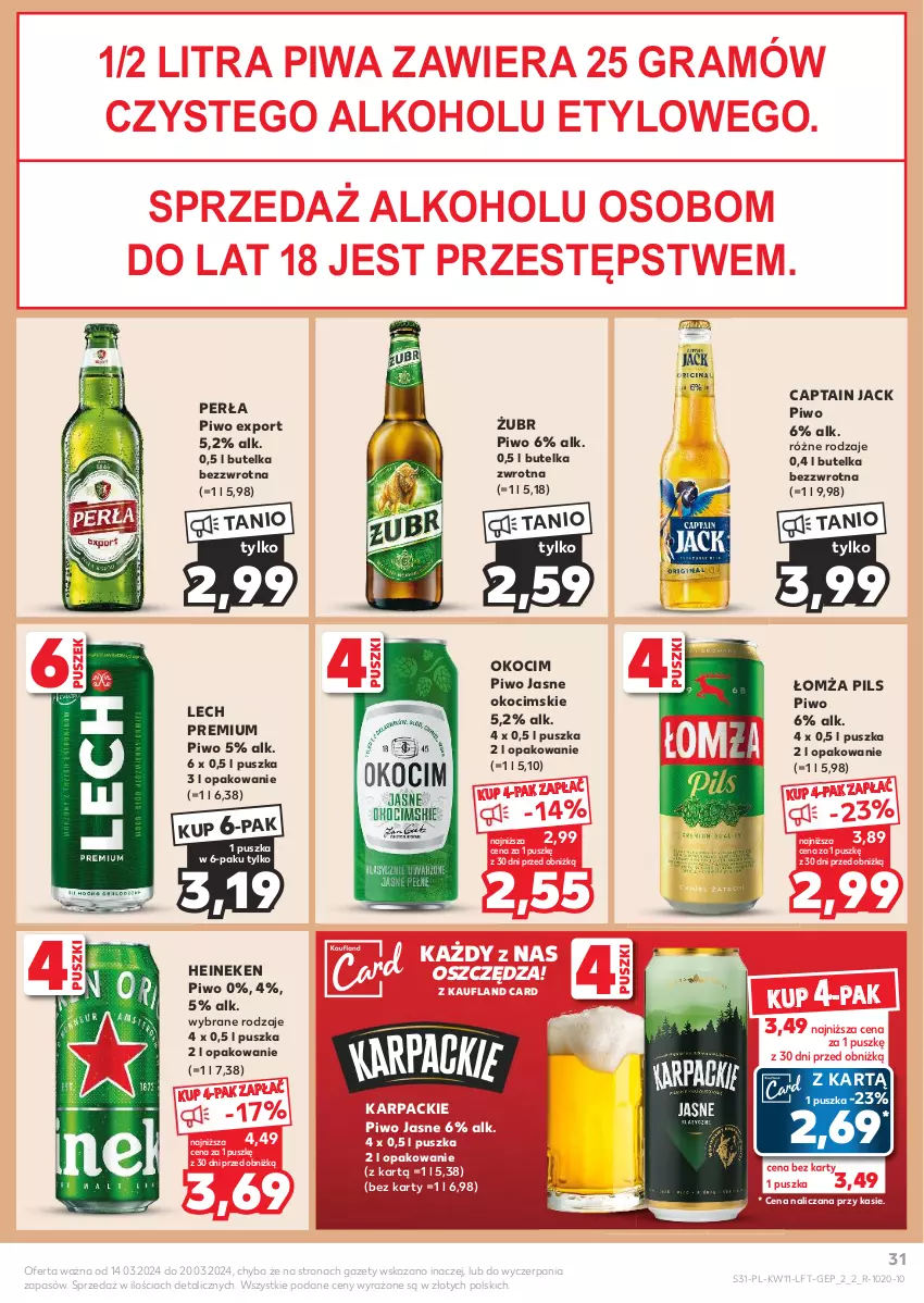 Gazetka promocyjna Kaufland - Gazetka tygodnia - ważna 14.03 do 20.03.2024 - strona 31 - produkty: Captain Jack, Gra, Heineken, Karp, Koc, Lech Premium, Okocim, Perła, Piwa, Piwo, Piwo jasne, Por