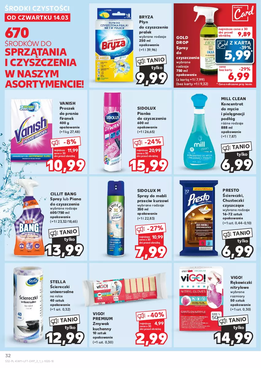 Gazetka promocyjna Kaufland - Gazetka tygodnia - ważna 14.03 do 20.03.2024 - strona 32 - produkty: Bryza, Chusteczki, Cillit Bang, Pianka do czyszczenia, Presto, Proszek do prania, Sidolux, Spray do czyszczenia, Vanish