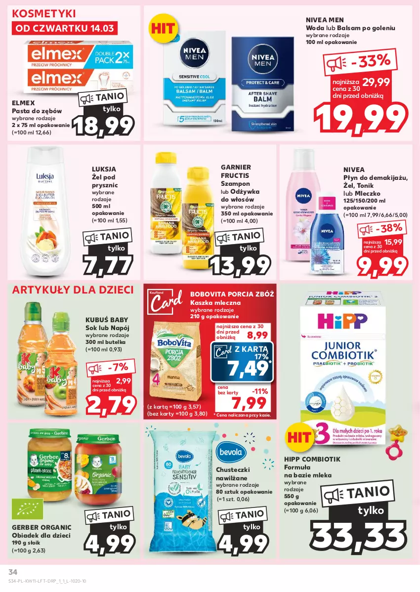 Gazetka promocyjna Kaufland - Gazetka tygodnia - ważna 14.03 do 20.03.2024 - strona 34 - produkty: Balsam po goleniu, BoboVita, Chusteczki, Dzieci, Elmex, Fructis, Garnier, Gerber, HiPP, Kubuś, Luksja, Makijaż, Mleczko, Napój, Nivea, Nivea Men, Odżywka, Pasta do zębów, Por, Sok, Szampon, Tonik, Woda