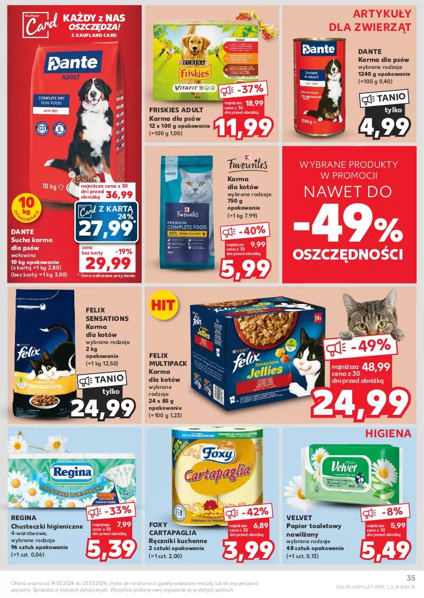 Gazetka promocyjna Kaufland - Gazetka tygodnia - ważna 14.03 do 20.03.2024 - strona 35 - produkty: Chusteczki, Felix, Foxy, Friskies, Gin, Papier, Papier toaletowy, Ręcznik, Sati, Sucha karma, Velvet, Wołowina