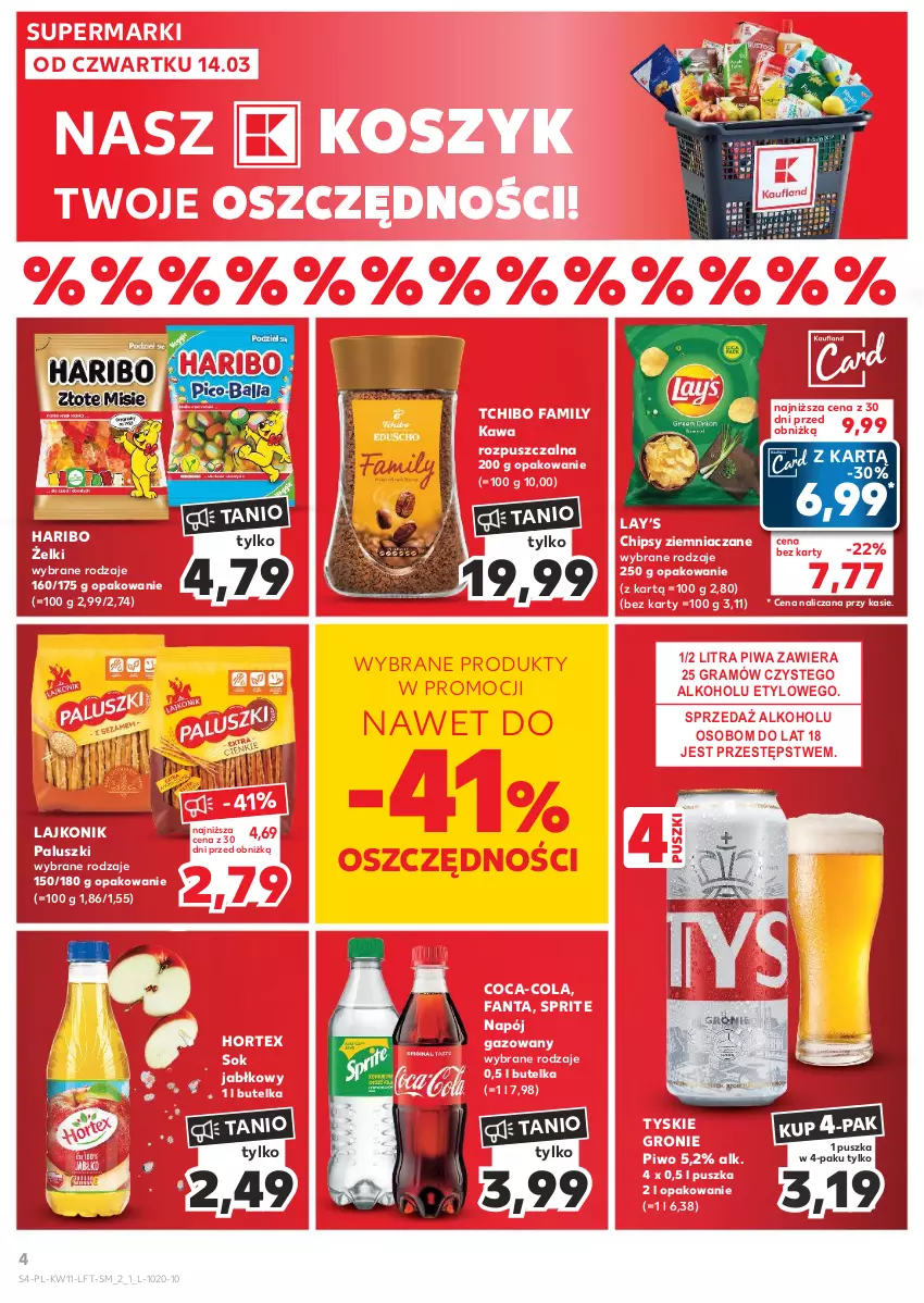 Gazetka promocyjna Kaufland - Gazetka tygodnia - ważna 14.03 do 20.03.2024 - strona 4 - produkty: Chipsy, Coca-Cola, Fa, Fanta, Gra, Haribo, Hortex, Kawa, Kawa rozpuszczalna, Kosz, Lajkonik, Lay’s, Napój, Napój gazowany, Piwa, Piwo, Sok, Sok jabłkowy, Sprite, Tchibo, Tchibo Family, Tyskie