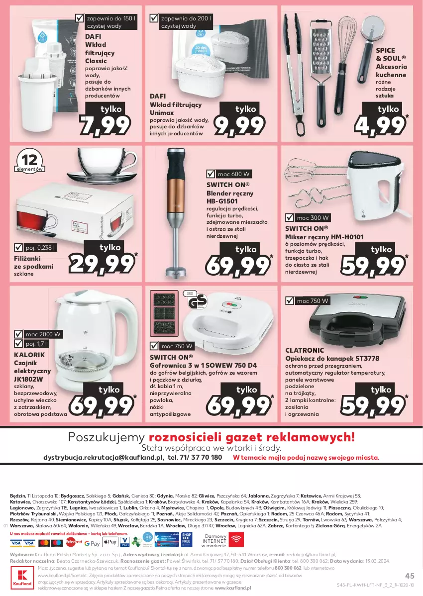 Gazetka promocyjna Kaufland - Gazetka tygodnia - ważna 14.03 do 20.03.2024 - strona 45 - produkty: Blender, Blender ręczny, Czajnik, Czajnik elektryczny, Dres, Fa, Gofrownica, Gra, LG, Mieszadło, Mikser, Mikser ręczny, Opiekacz do kanapek, Orka, Ser, Silan, Sos, Telefon, Top, Trzepaczka, Wkład filtrujący