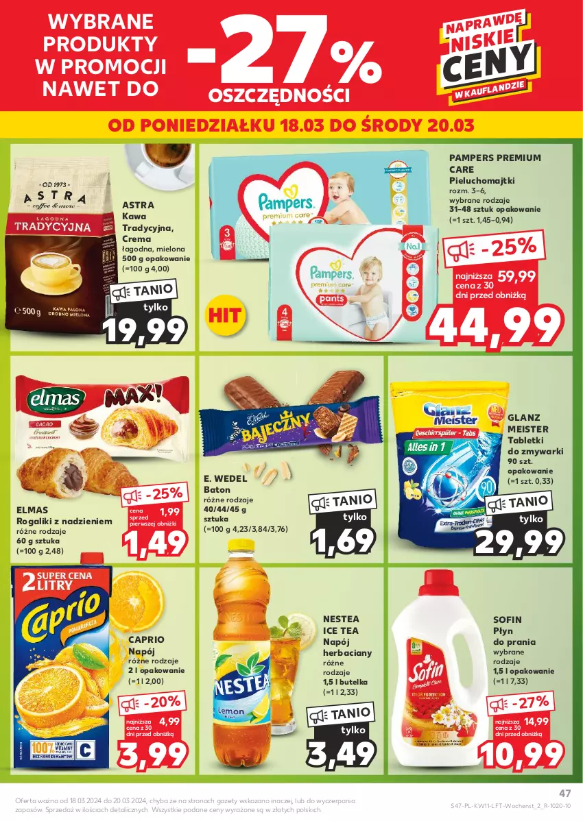 Gazetka promocyjna Kaufland - Gazetka tygodnia - ważna 14.03 do 20.03.2024 - strona 47 - produkty: Baton, E. Wedel, Ice tea, Kawa, Majtki, Napój, Nestea, Pampers, Pieluchomajtki, Płyn do prania, Rogal, Tablet, Tabletki do zmywarki, Zmywarki