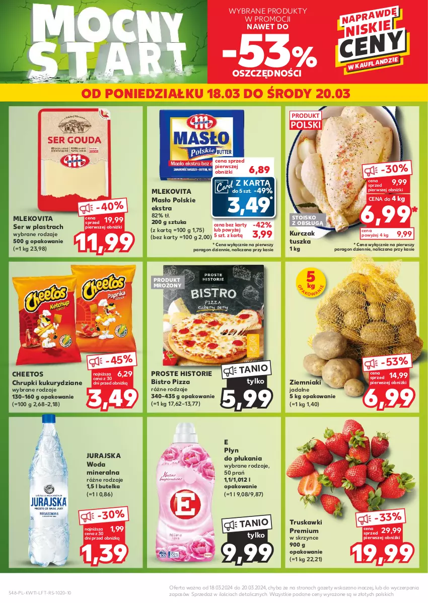 Gazetka promocyjna Kaufland - Gazetka tygodnia - ważna 14.03 do 20.03.2024 - strona 48 - produkty: Cheetos, Chrupki, Kurczak, Masło, Mleko, Mlekovita, Pizza, Płyn do płukania, Ser, Truskawki, Tusz, Woda, Woda mineralna, Ziemniaki