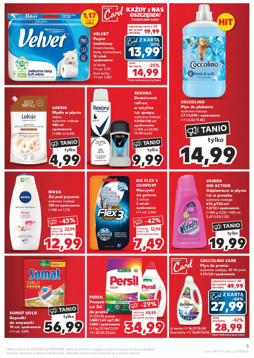 Gazetka promocyjna Kaufland - Gazetka tygodnia - ważna 14.03 do 20.03.2024 - strona 5 - produkty: BIC, Coccolino, Dezodorant, Luksja, Mydło, Mydło w płynie, Nivea, Odplamiacz, Papier, Papier toaletowy, Persil, Płyn do płukania, Płyn do prania, Rexona, Rum, Somat, Somat gold, Vanish, Velvet, Zmywarki