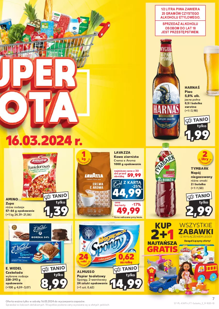 Gazetka promocyjna Kaufland - Gazetka tygodnia - ważna 14.03 do 20.03.2024 - strona 7 - produkty: Czekolada, E. Wedel, Gra, Harnaś, Kawa, Kawa ziarnista, Lavazza, LEGO, Mus, Napój, Napój niegazowany, Papier, Papier toaletowy, Piwa, Piwo, Rolki, Tymbark, Waga, Zupa