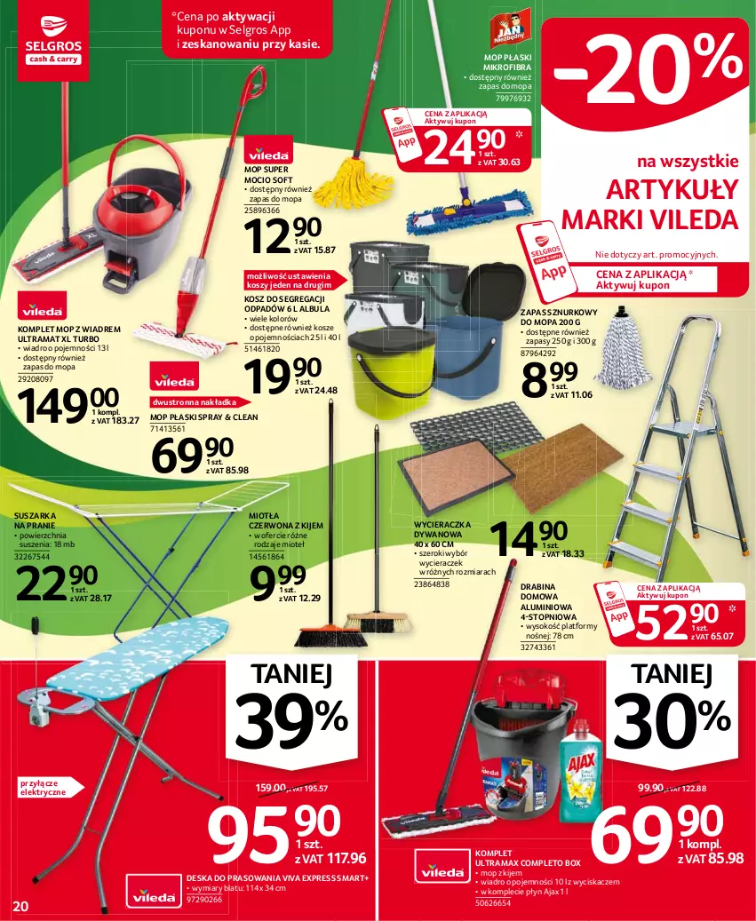 Gazetka promocyjna Selgros - Oferta przemysłowa - ważna 15.04 do 28.04.2021 - strona 20 - produkty: Ajax, Deska do prasowania, Drabina, Dywan, Kije, Kosz, LG, Miotła, Mop, Rama, Sok, Suszarka, Suszarka na pranie, Top, Vileda, Wiadro, Wycieraczka