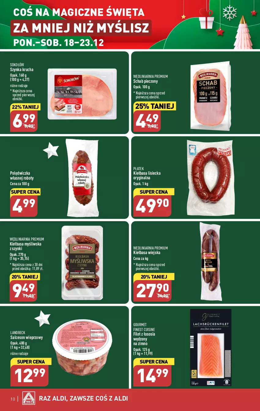 Gazetka promocyjna Aldi - Pełna oferta - ważna 18.12 do 23.12.2023 - strona 10 - produkty: Gin, Kiełbasa, Kiełbasa wiejska, Piec, Robot, Salceson, Schab pieczony, Sok, Sokołów, Sos, Szynka