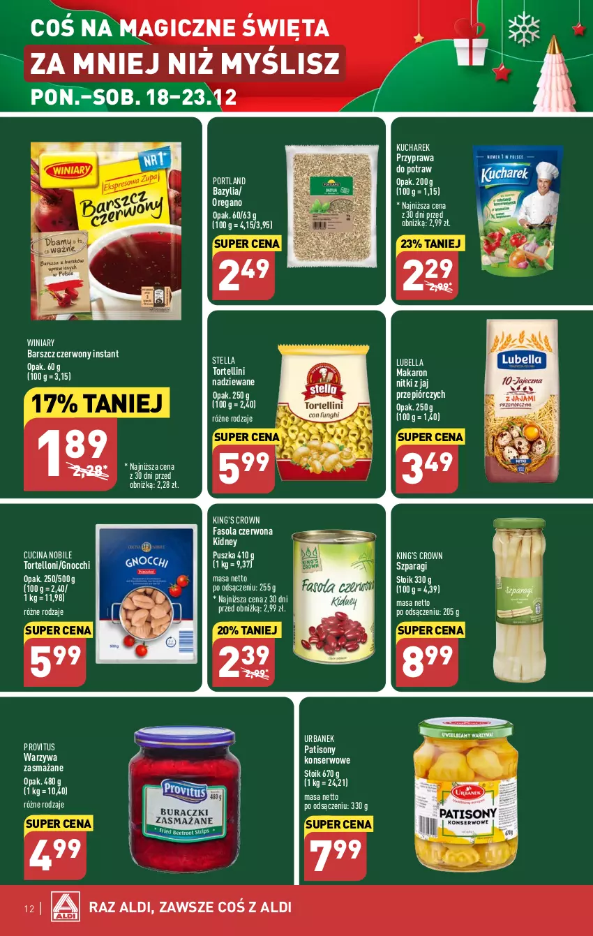 Gazetka promocyjna Aldi - Pełna oferta - ważna 18.12 do 23.12.2023 - strona 12 - produkty: Bazyl, Bazylia, Bell, Bella, Fa, Fasola, Gnocchi, Kucharek, Lubella, Makaron, Por, Przyprawa do potraw, Ser, Sony, Tortelloni, Warzywa, Winiary