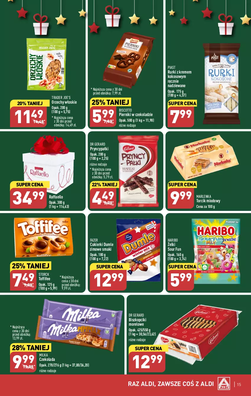 Gazetka promocyjna Aldi - Pełna oferta - ważna 18.12 do 23.12.2023 - strona 15 - produkty: Cukier, Cukierki, Czekolada, Dr Gerard, Fa, Haribo, Kokos, Milka, Orzechy włoskie, Piast, Piernik, Pierniki w czekoladzie, Raffaello, Rurki, Toffifee