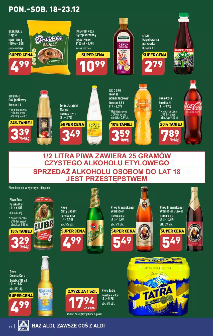 Gazetka promocyjna Aldi - Pełna oferta - ważna 18.12 do 23.12.2023 - strona 22 - produkty: Bajgle, Beskidzki, Coca-Cola, Gra, Mango, Napój, Nektar, Piwa, Piwo, Por, Skaner, Sok, Sok jabłkowy, Syrop, Tatra