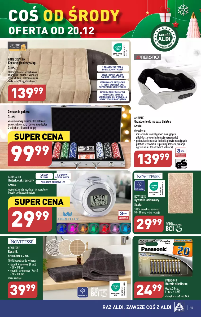 Gazetka promocyjna Aldi - Pełna oferta - ważna 18.12 do 23.12.2023 - strona 35 - produkty: Baterie alkaliczne, Budzik, Dywan, Dywanik, Dywanik łazienkowy, Gry, Koc, Masażer, Panasonic, Poduszka, Ręcznik, Ręcznik kąpielowy, Stek, Top, Wełna