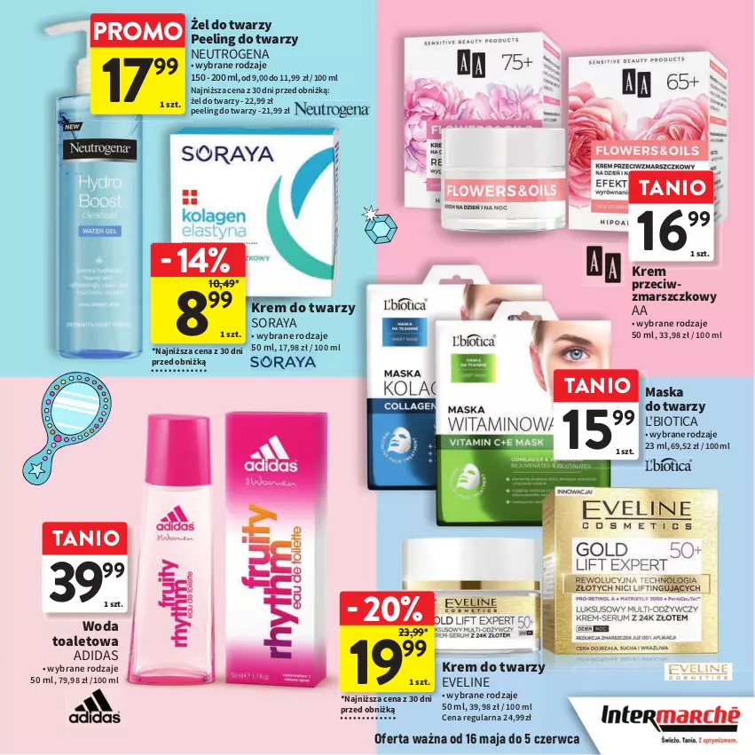 Gazetka promocyjna Intermarche - Gazetka Intermarche - ważna 16.05 do 05.06.2024 - strona 19 - produkty: Adidas, Eveline, Krem do twarzy, Krem przeciwzmarszczkowy, L'Biotica, Mars, Maska, Maska do twarzy, Neutrogena, Peeling, Woda, Woda toaletowa