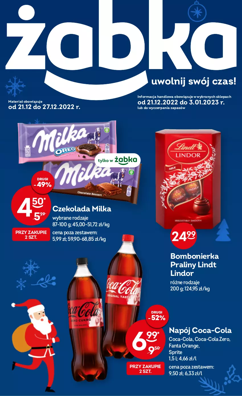 Gazetka promocyjna Żabka - ważna 21.12.2022 do 03.01.2023 - strona 1 - produkty: Coca-Cola, Czekolada, Fa, Fanta, Lindor, Lindt, Milka, Napój, Praliny, Sprite