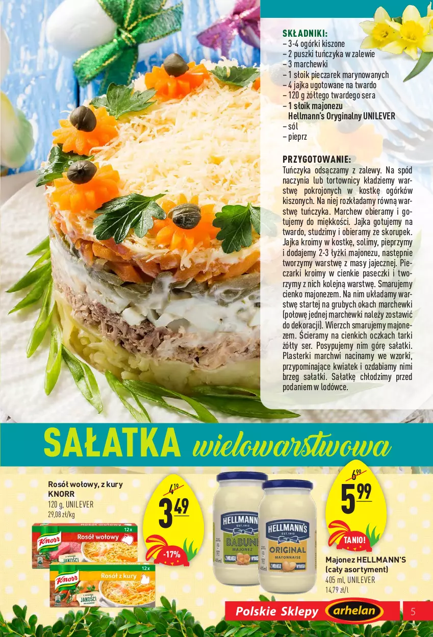 Gazetka promocyjna Arhelan - Gazetka - ważna 04.04 do 24.04.2022 - strona 5 - produkty: Gin, Hellmann’s, Knorr, Kujawski, Majonez, Mus, Ogórek, Olej, Piec, Pieprz, Plasterki, Rosół, Rosół wołowy, Sałat, Sałatka, Ser, Sól, Sos, Tuńczyk