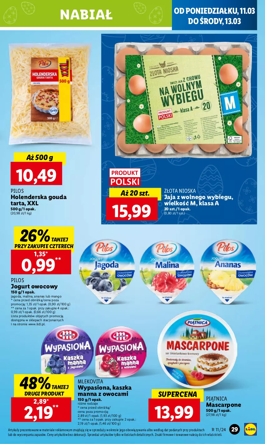 Gazetka promocyjna Lidl - GAZETKA - ważna 11.03 do 13.03.2024 - strona 37 - produkty: Ananas, Gouda, Jaja, Jaja z wolnego wybiegu, Jogurt, Jogurt owocowy, Mango, Mascarpone, Mleko, Mlekovita, Piątnica, Pilos, Tarta