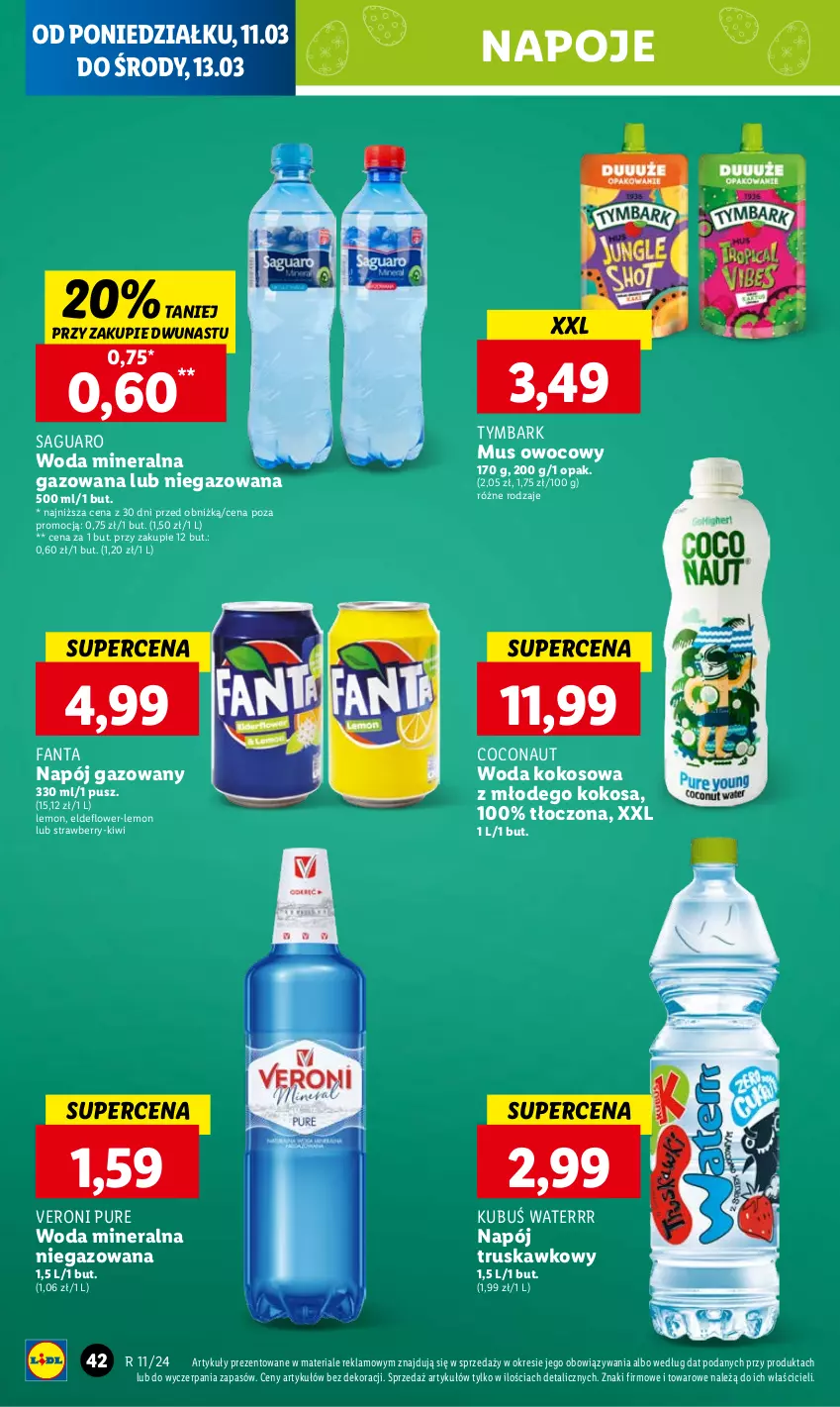 Gazetka promocyjna Lidl - GAZETKA - ważna 11.03 do 13.03.2024 - strona 50 - produkty: Fa, Fanta, Kiwi, Kokos, Kubuś, Kubuś Waterrr, Mus, Napój, Napój gazowany, Napoje, Pur, Tymbark, Woda, Woda mineralna