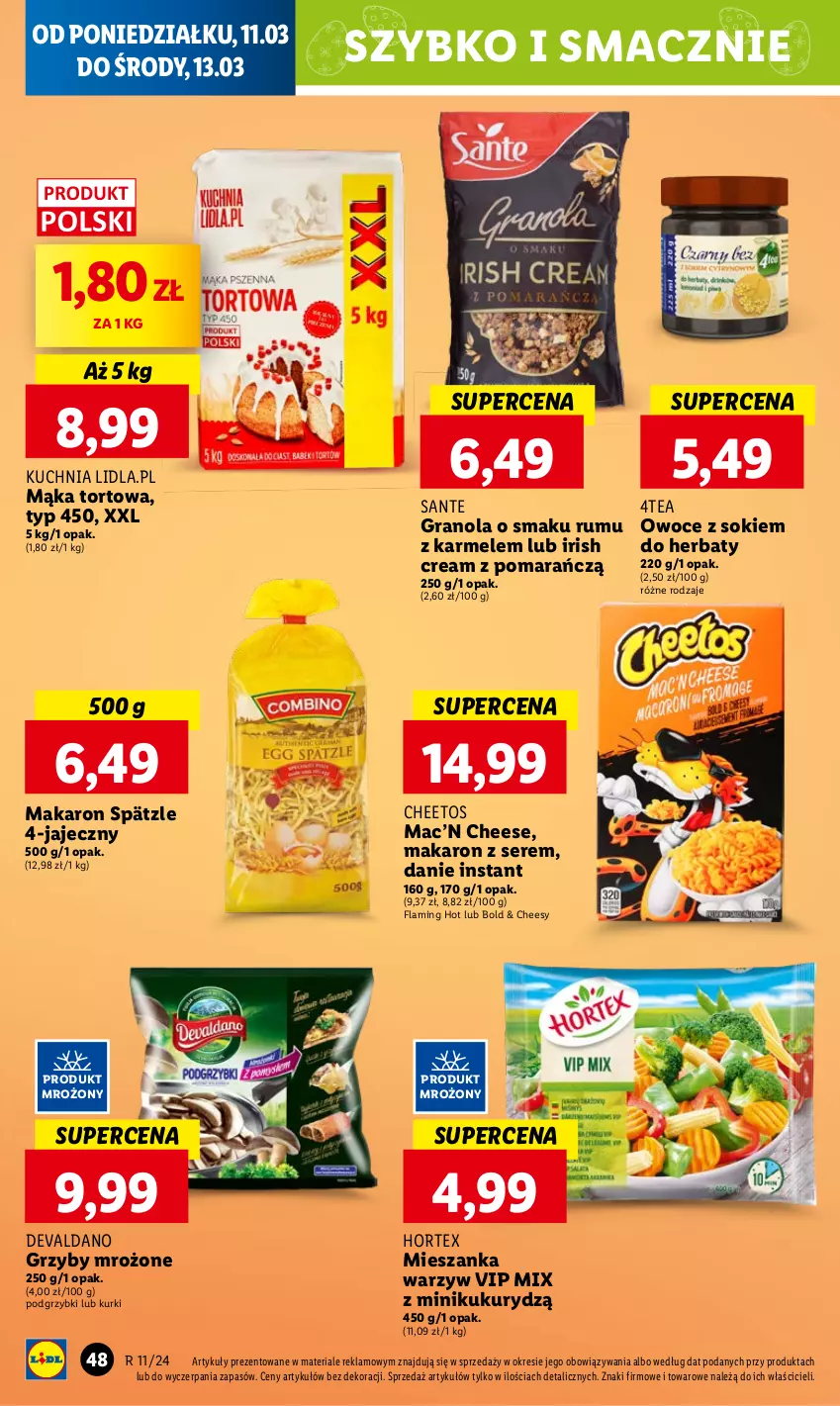 Gazetka promocyjna Lidl - GAZETKA - ważna 11.03 do 13.03.2024 - strona 56 - produkty: Cheetos, Gra, Granola, Grzyby, Hortex, Kuchnia, Mąka, Mąka tortowa, Makaron, Mieszanka warzyw, Owoce, Podgrzybki, Rum, Sante, Ser, Sok