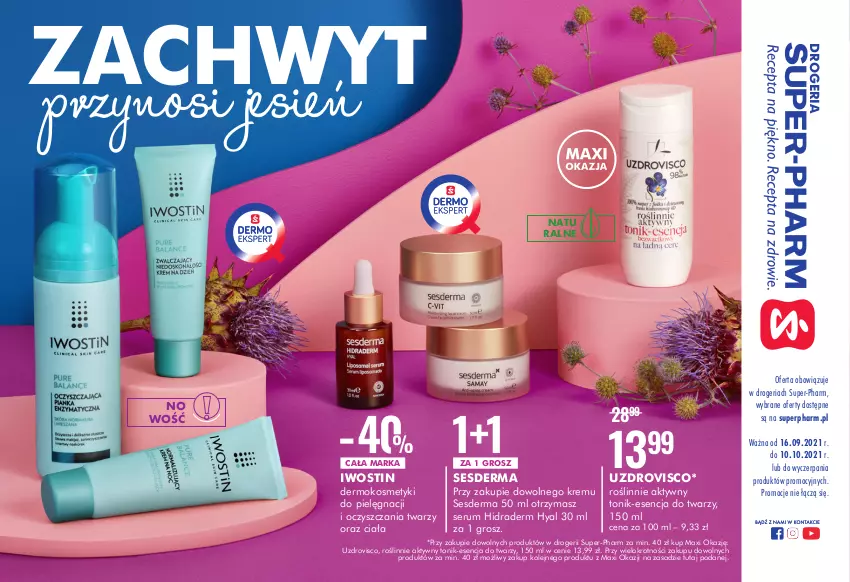 Gazetka promocyjna Super Pharm - Gazetka - ważna 16.09 do 10.10.2021 - strona 1 - produkty: Iwostin, Kosmetyki do pielęgnacji, Olej, Rum, Ser, Serum, Sesderma, Tonik