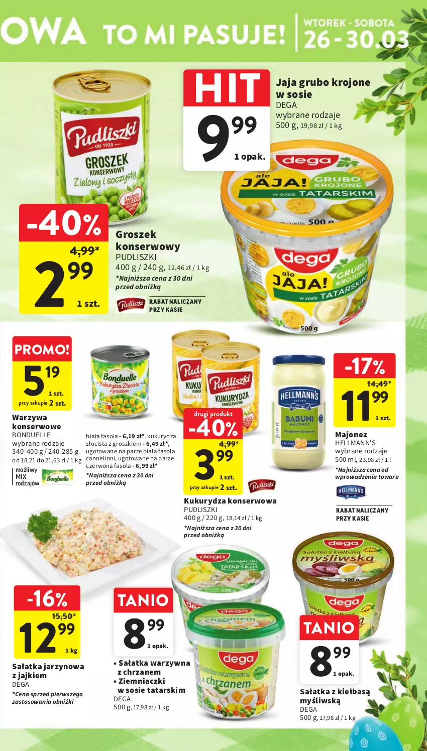 Gazetka promocyjna Intermarche - Gazetka Intermarche - ważna 26.03 do 30.03.2024 - strona 13 - produkty: Bonduelle, Chrzan, Dega, Fa, Fasola, Groszek, Jaja, Kukurydza, Kukurydza konserwowa, Majonez, Pudliszki, Sałat, Sałatka, Sałatka warzywna, Ser, Sos, Warzywa, Warzywa konserwowe