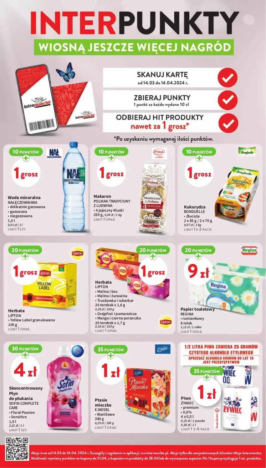 Gazetka promocyjna Intermarche - Gazetka Intermarche - ważna 26.03 do 30.03.2024 - strona 22 - produkty: Bonduelle, Flora, Gin, Gra, Grejpfrut, Herbata, Kukurydza, Lipton, Makaron, Mango, Mleczko, Nałęczowianka, Olma, Papier, Papier toaletowy, Piwo, Płyn do płukania, Por, Ptasie mleczko, Rum, Woda, Woda mineralna