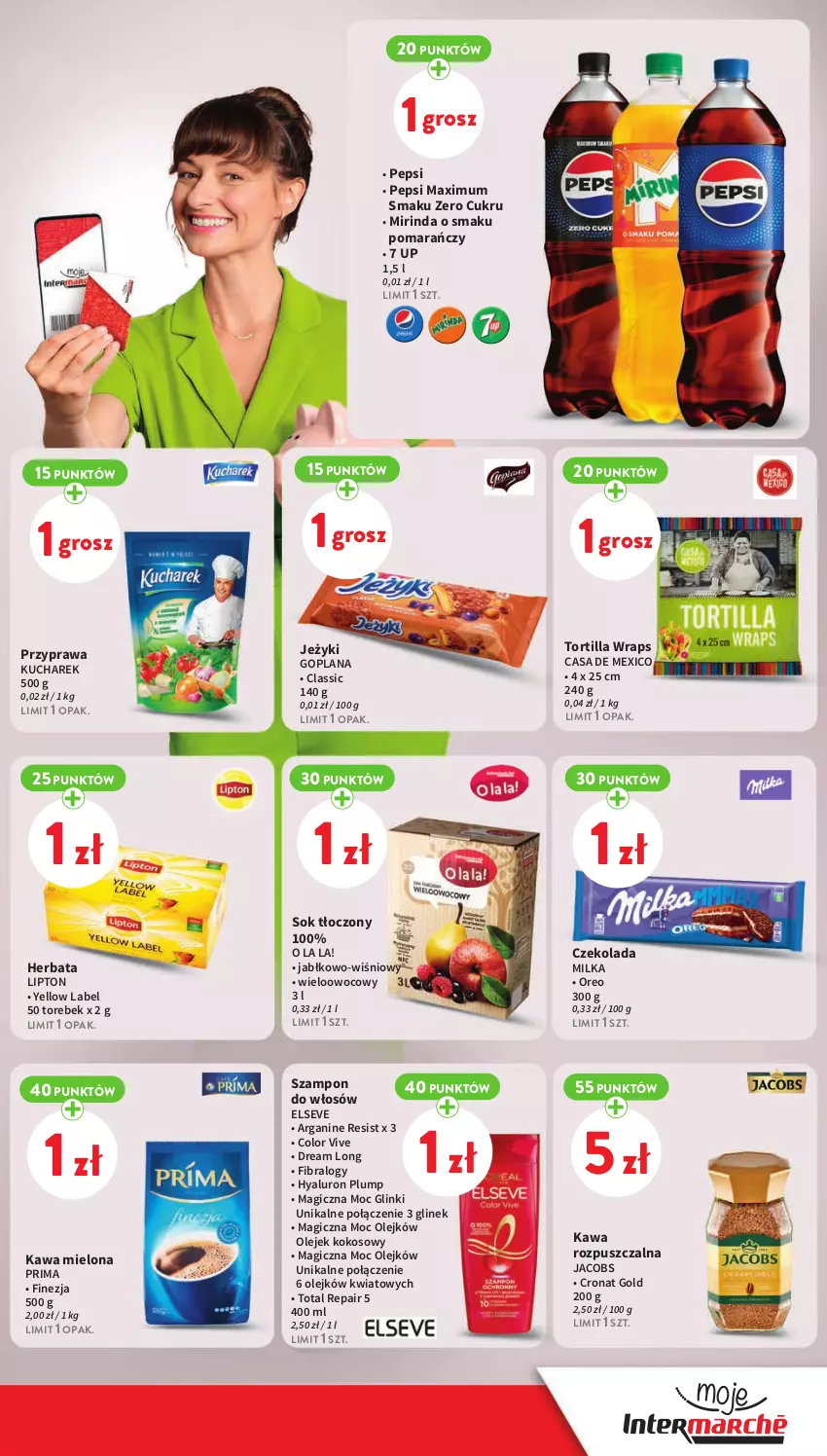 Gazetka promocyjna Intermarche - Gazetka Intermarche - ważna 26.03 do 30.03.2024 - strona 23 - produkty: Czekolada, Elseve, Goplana, Herbata, Jacobs, Jeżyki, Kawa, Kawa mielona, Kawa rozpuszczalna, Kokos, Kucharek, LANA, Lipton, Milka, Mirinda, Olej, Oreo, Pepsi, Pepsi max, Prima, Sok, Szampon, Tortilla